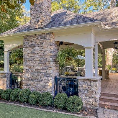 outdoor living covered patio with fireplace